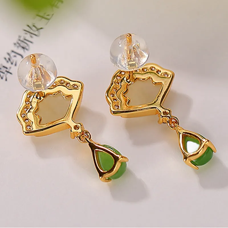 White Jade Cyan Jade Fan Water Drop Pattern Luck Drop Earrings