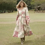 Women's Vintage Floral Patchwork Comfy Linen V-neck Dress - Image 2