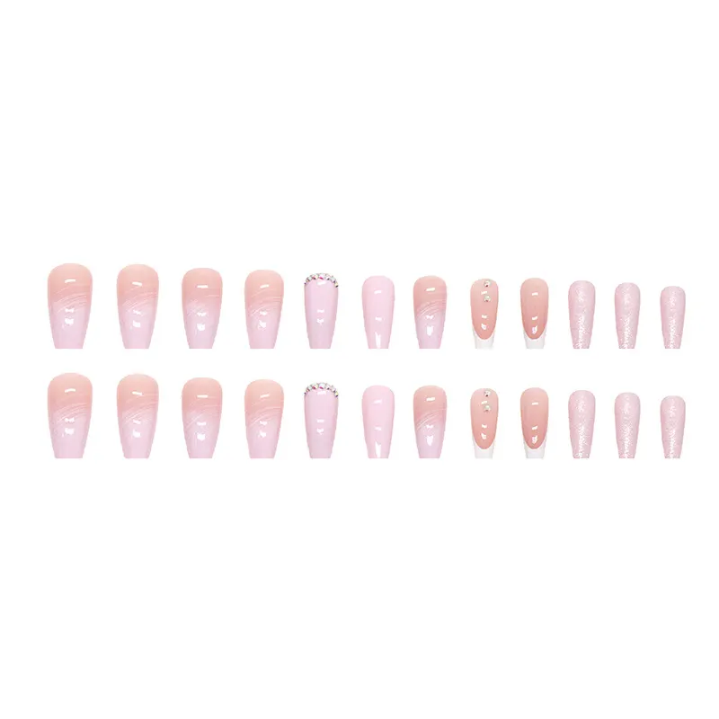Churchf Churchf Long Pink Lines Simple Pure To Drill Fake Nails Ins Wind Wear A Fashion Beauty A Piece