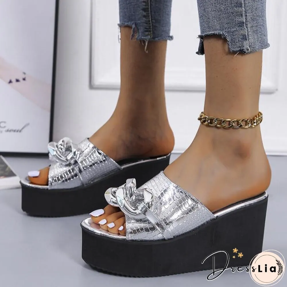 Back School Outfit Large Size For Womens Outer Wear New Wedge Heel Square Toe Metal