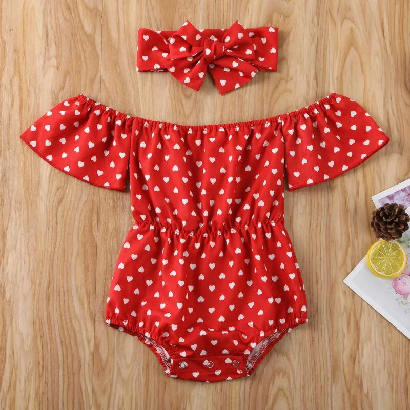 Newborn Baby Girls Off Shoulder Jumpsuit Heart Print Bodysuit Headband 2PCS Outfits Clothes