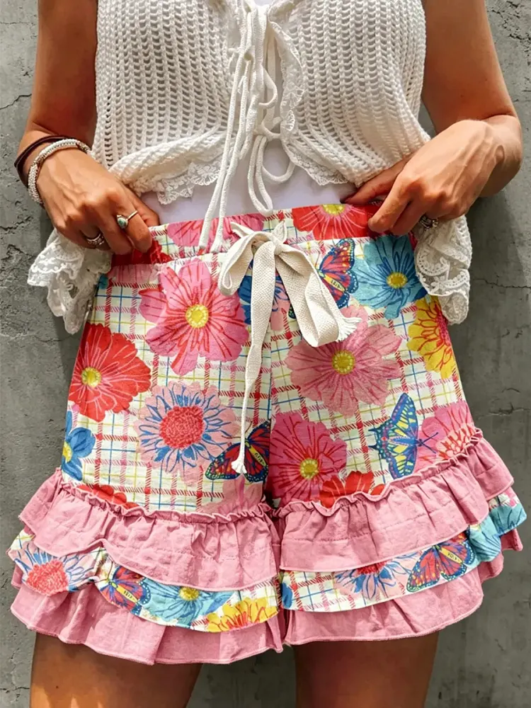 Women's Floral & Butterfly Plaid Print Ruffle Hem Shorts