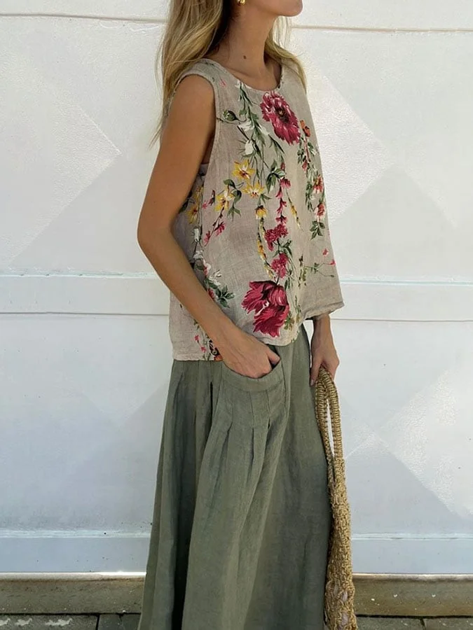 Women'S Casual Printed Vest And Skirt Cotton And Linen Two-Piece Set
