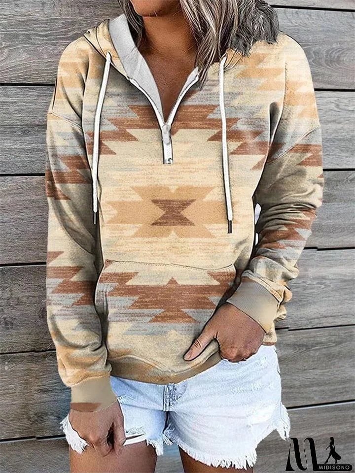 MidiSono - Women's Ethnic Diamond Printed Long Sleeve Pullover Hooded Sweatshirt