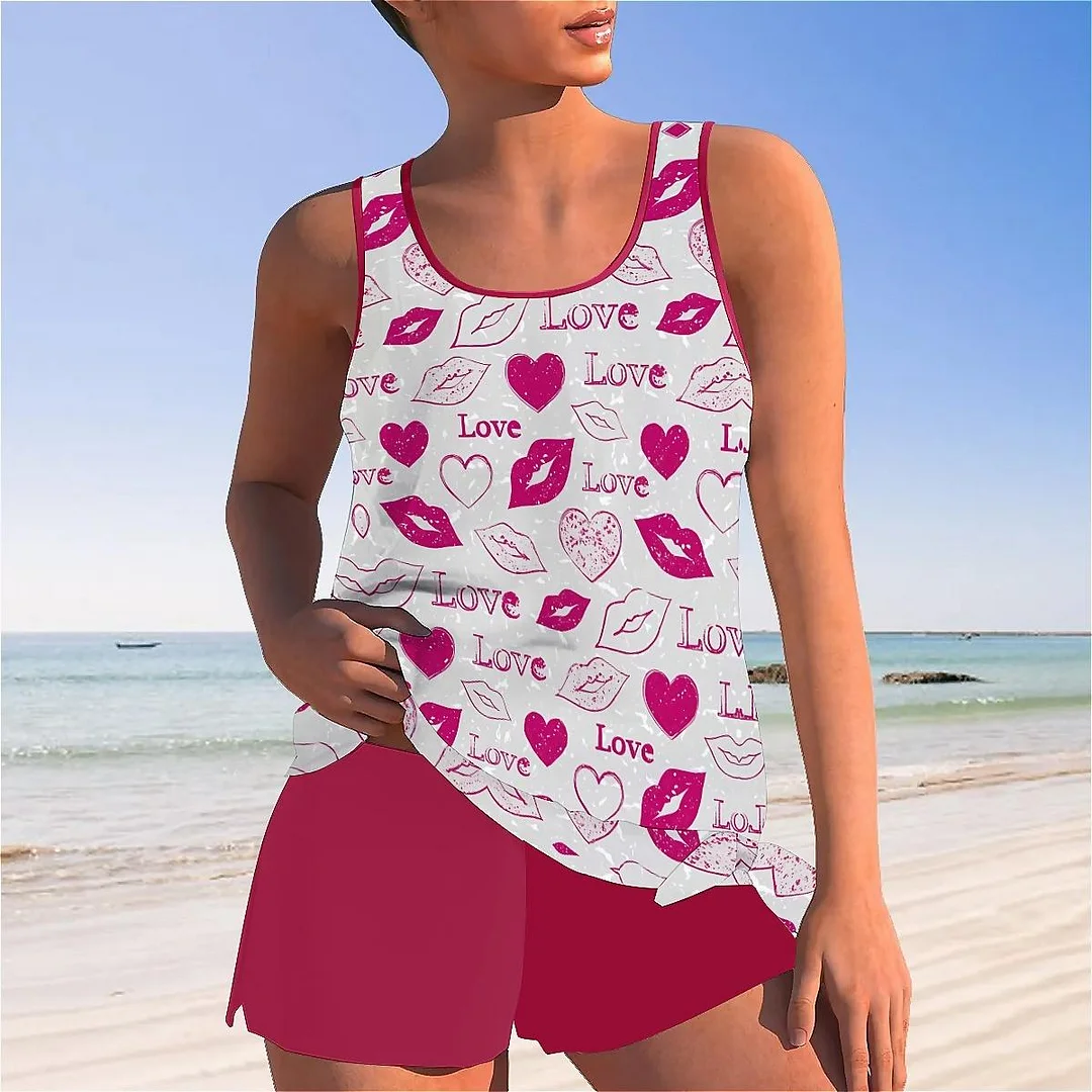 Bowknot Heart,Love,Valentine's Day Mid Waisted Tankini Set - Plus Size Available