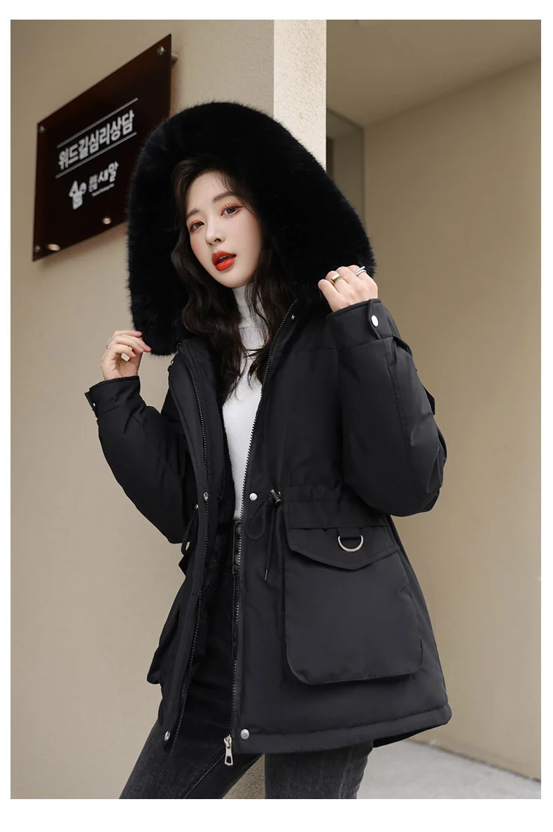 Toloer Add Velvet Thick Coat Female 2024 New Winter Waist Long Casual Hat Parker Cotton Suit-Outfit Ideas