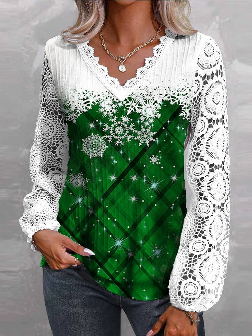 Women Long Sleeve V-neck Floral Printed Polka Dot Lace Christmas Tops