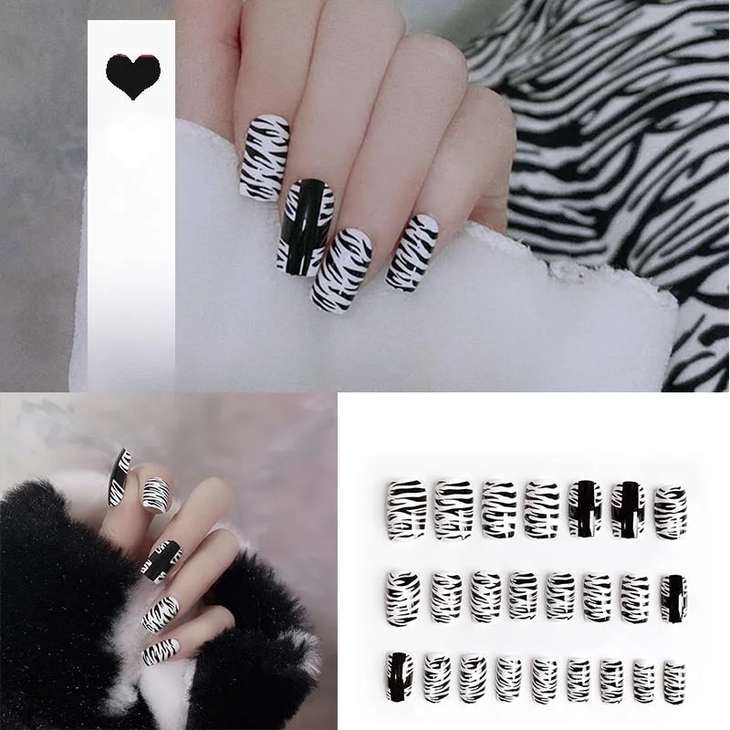 24pcs 4 Fire Patterns Design Cool Girls Hand Decorative False Nails with Glue Full Cover Detachable false nails with designs-Nail Inspo