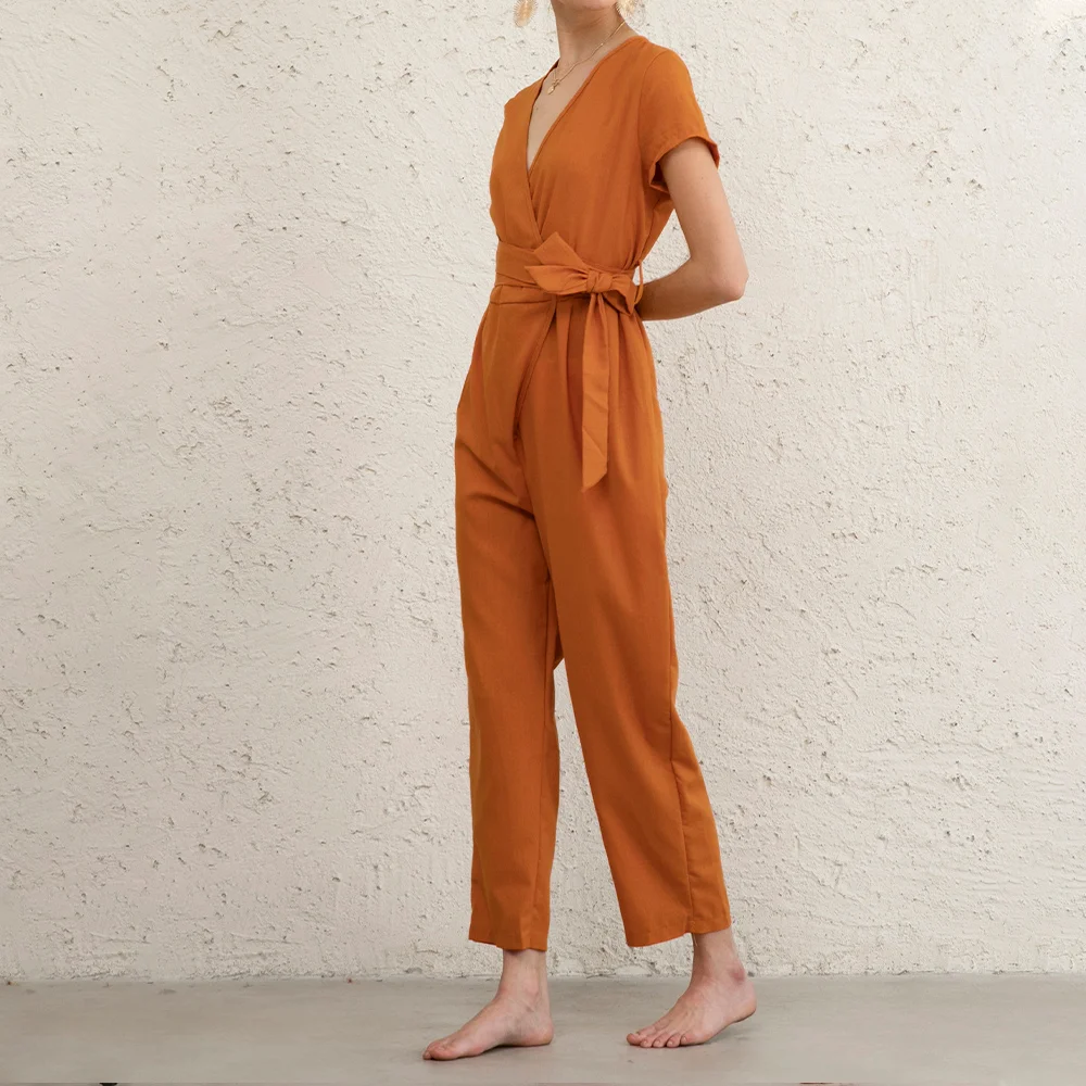 Casual Cozy Linen Wrap Jumpsuit