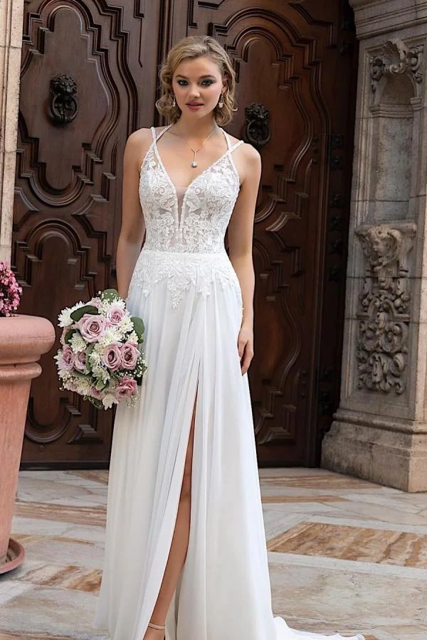 Daisda Simple Long A-line Split V-neck Wedding Dress With Chiffon Lace
