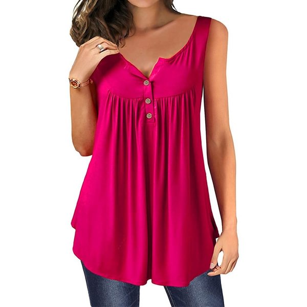 Women Fashion Summer Clothing V-neck Sleeveless T-shirts Button-down Shirts Ladies Casual Pure Color Vest Blouse Plus Size Tops Cotton Loose Cami Tank Tops - Chicaggo