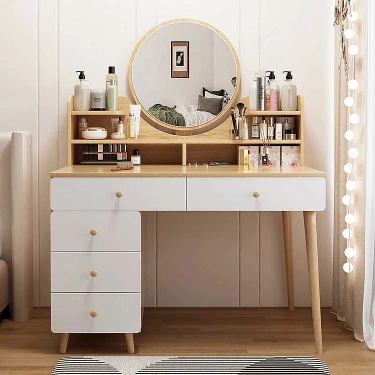 White Original Wood Color Round Mirror Drawer Wooden Dressing Table