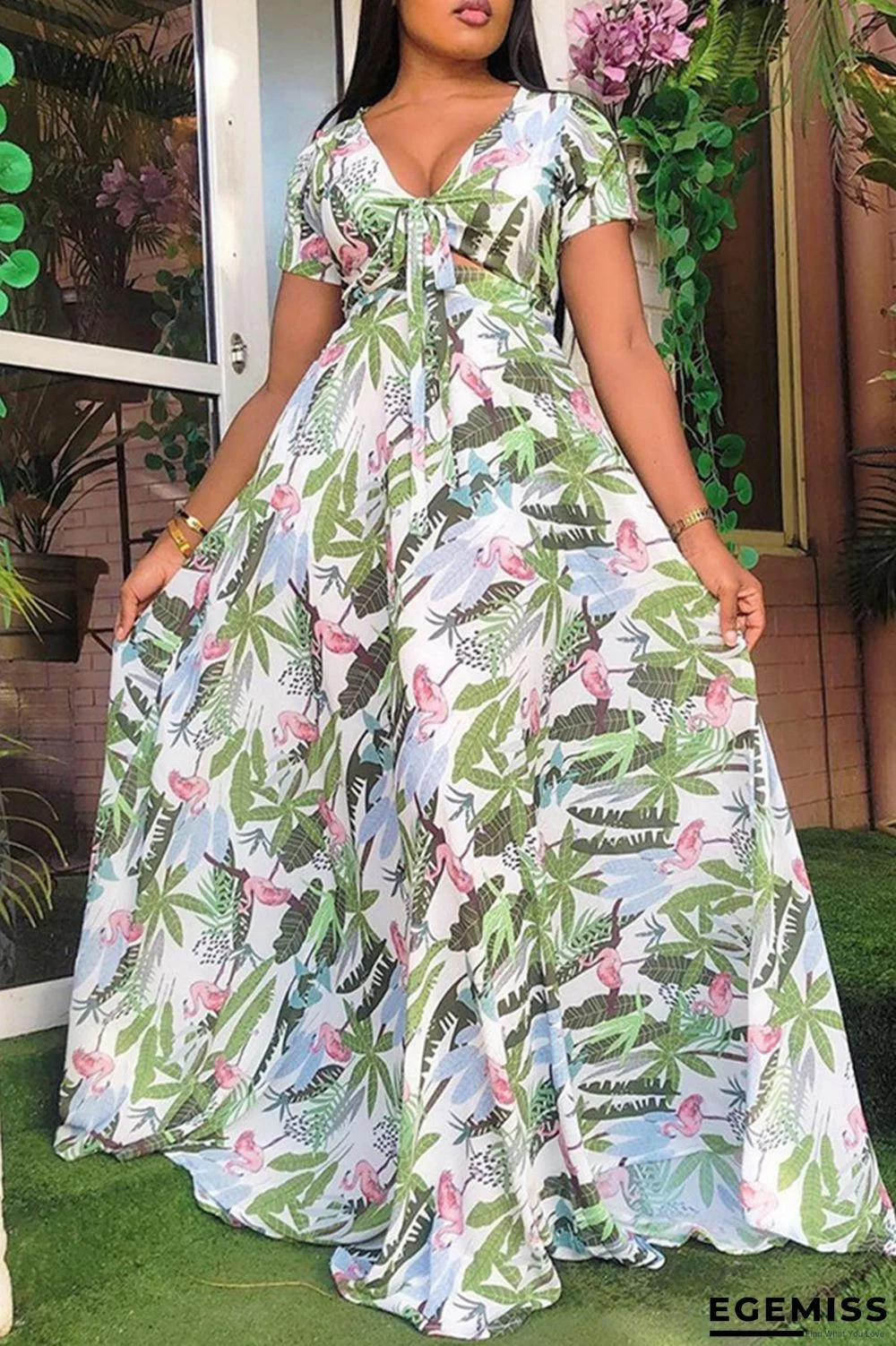 Multicolor Fashion Casual Print Bandage Hollowed Out V Neck Short Sleeve Dress | EGEMISS