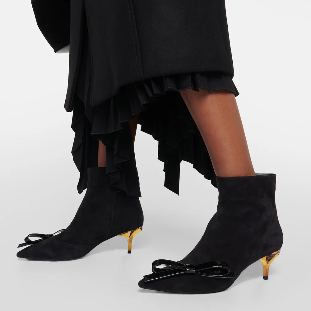 Black Faux Suede Closed Pointed Toe Ankle Boots With Decorative Heels Nicepairs