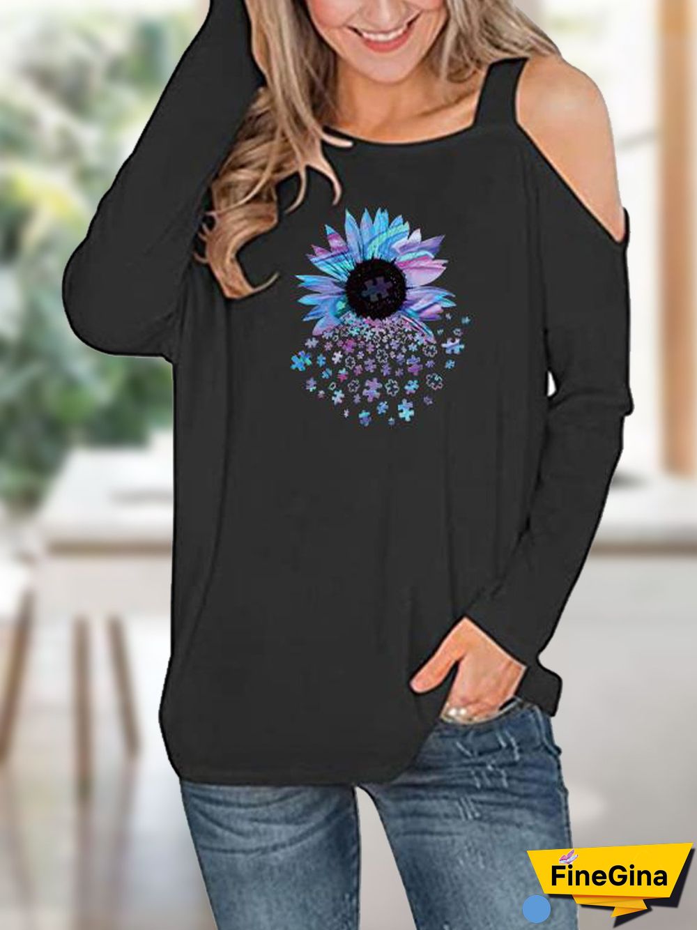 Crew Neck Cotton Blends Loosen Long Sleeve T-shirt