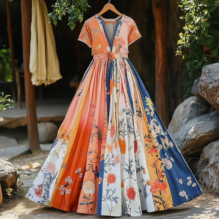 Simpfit Lässiges Kurzarmkleid im Retro-Blumen-Colorblock-Stil für Damen