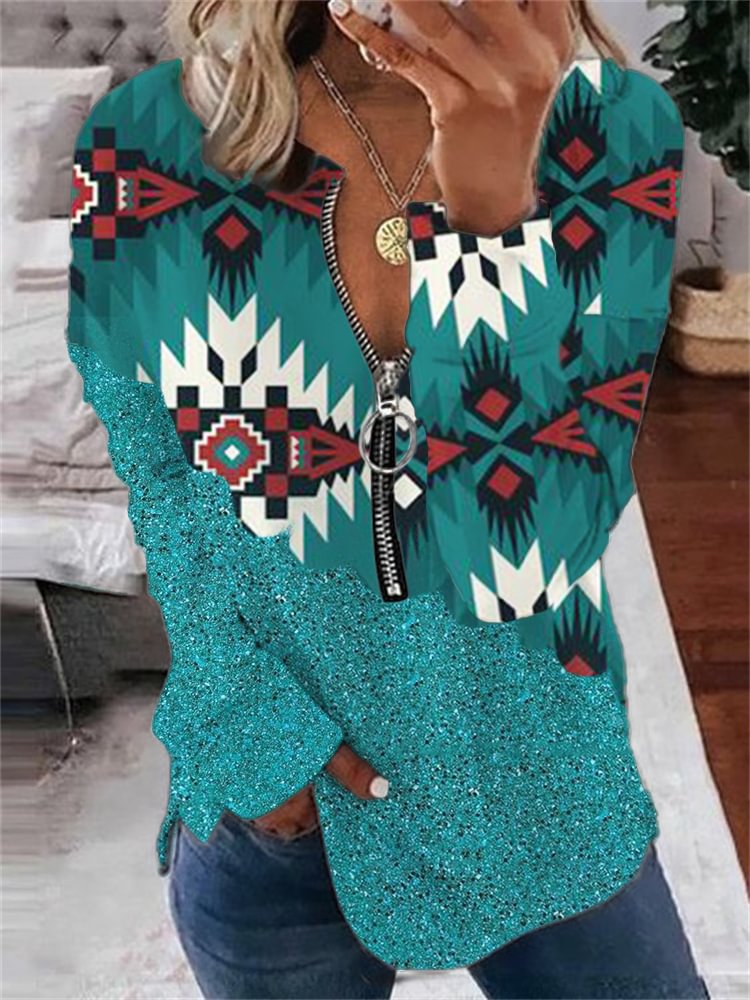 Western Retro Long Sleeve Zip Up Sweatshirt