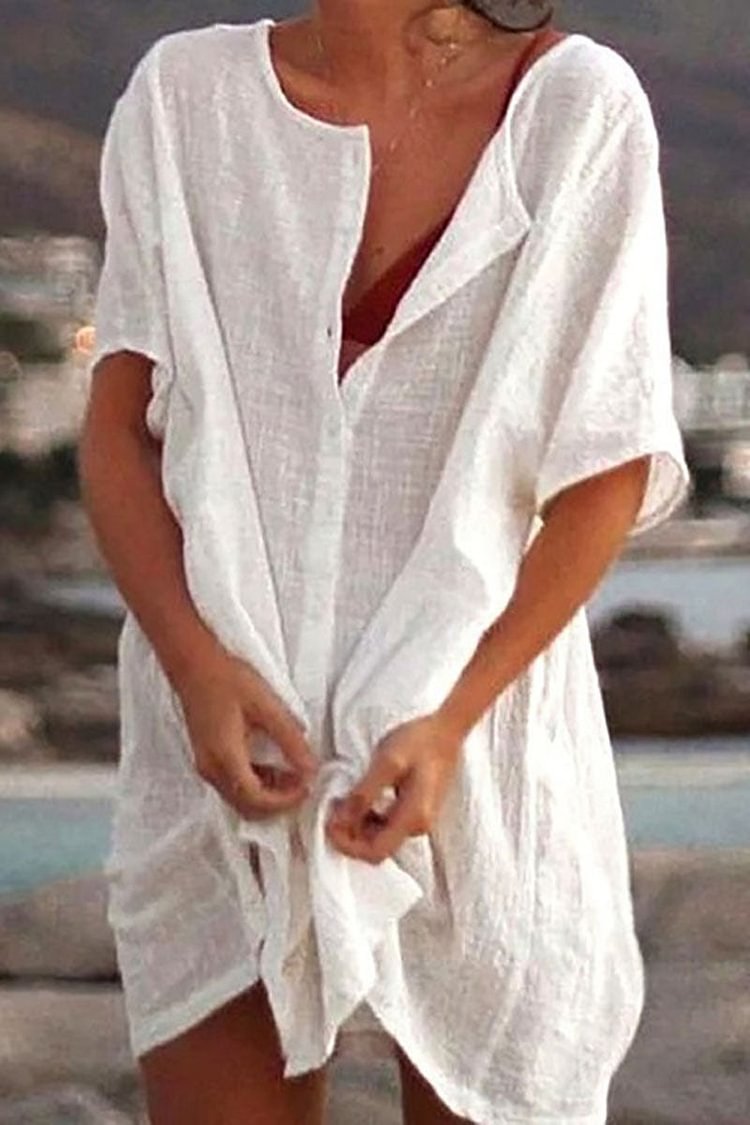 Button Down Linen Short Sleeve Round Neck Mini Dress