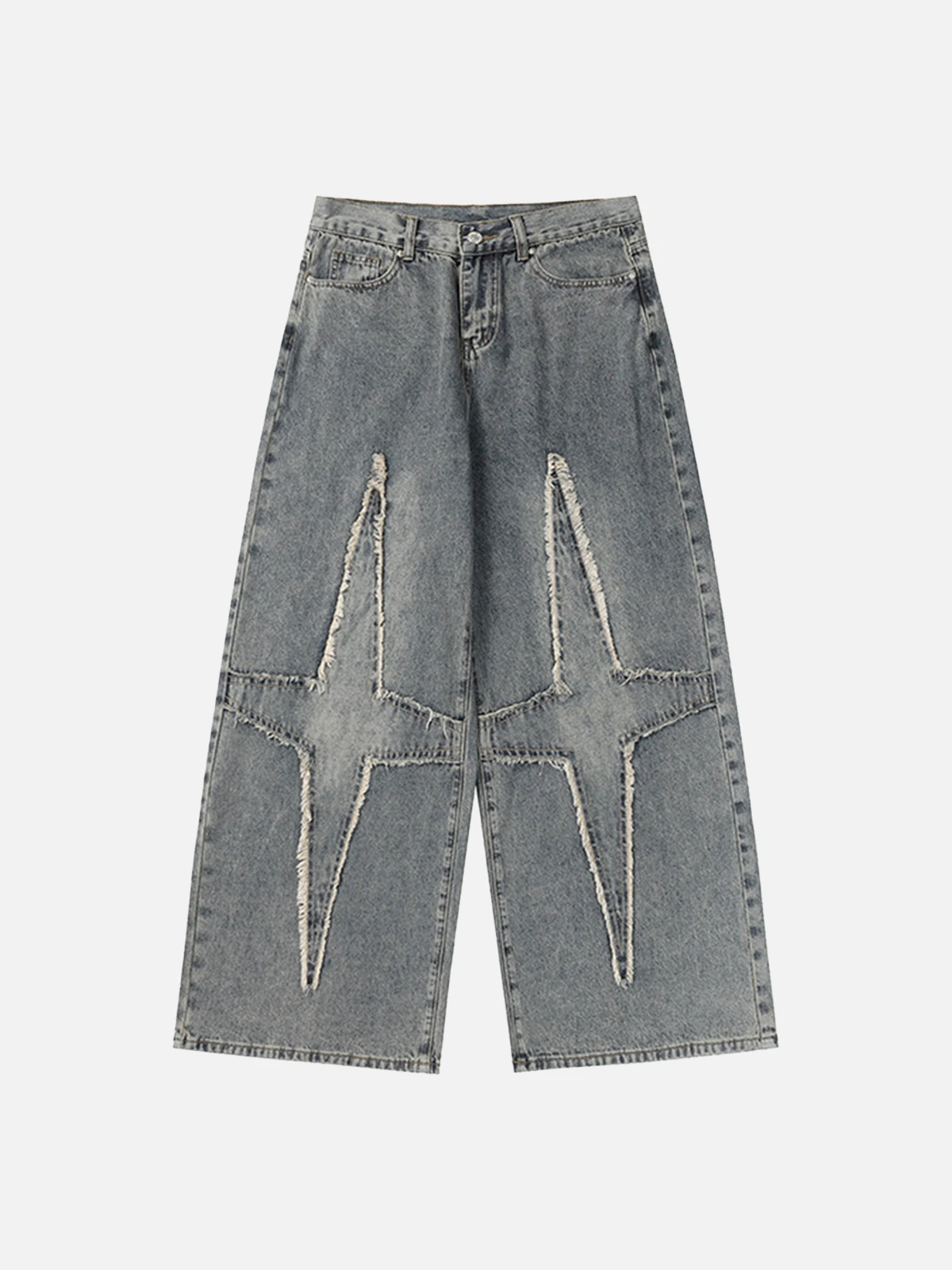 Blue Act Chic Fringe Star Embroidery Oversized Jeans Front