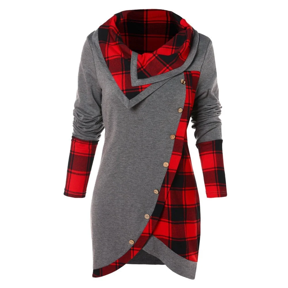 Plus Size Fashion Turtleneck Tunic Blouse Casual Winter Ladies Plaid Bottom Tops Female Women Long Sleeve Shirt Blusas Pullover