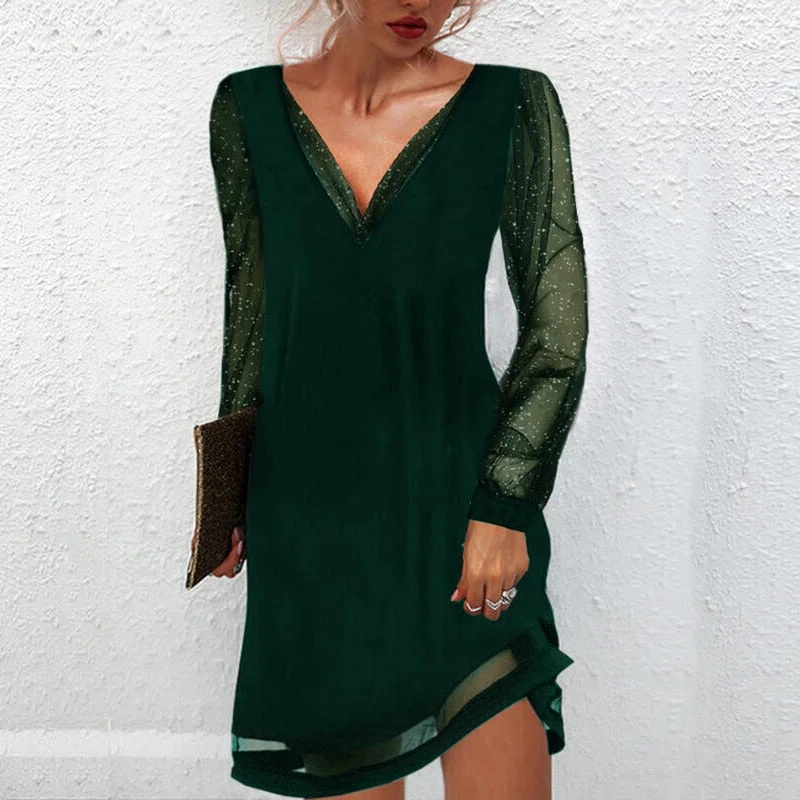 Women Elegant V Neck Mesh Long Sleeve Party Dress Spring Autumn Sexy Lace Patchwork Slim Mini Dress Vintage Femme Dress Vestidos