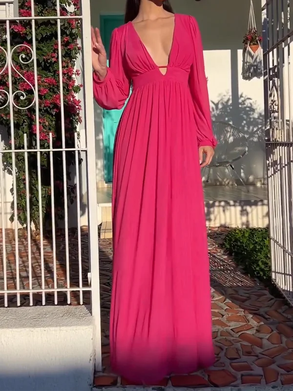 Stylish Elegant Deep V Pleated Maxi Dress