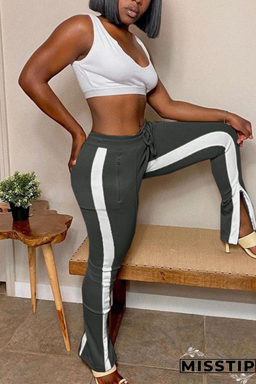 Dark Gray Fashion Casual Regular Patchwork Bottoms