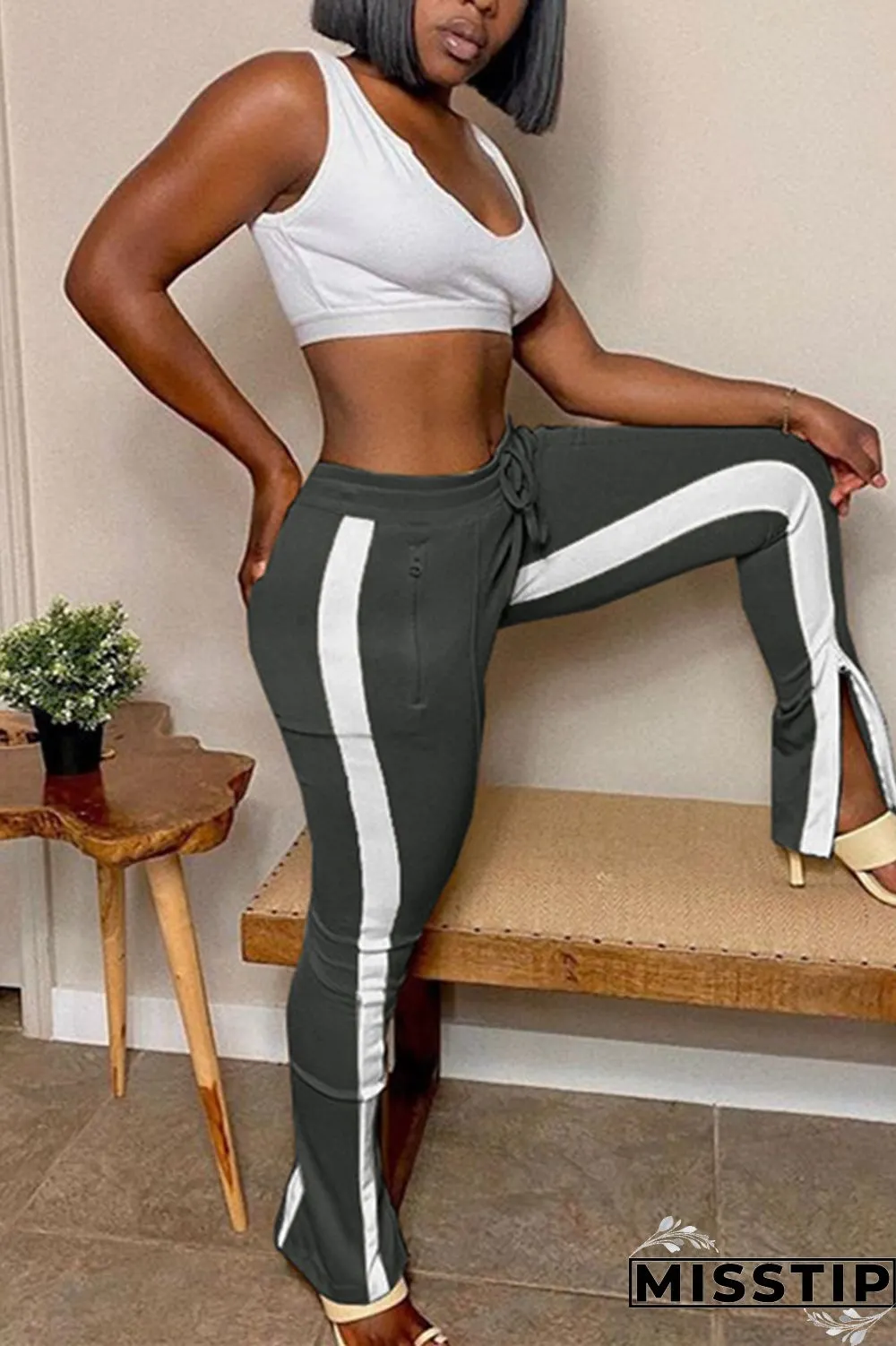 Dark Gray Fashion Casual Regular Patchwork Bottoms