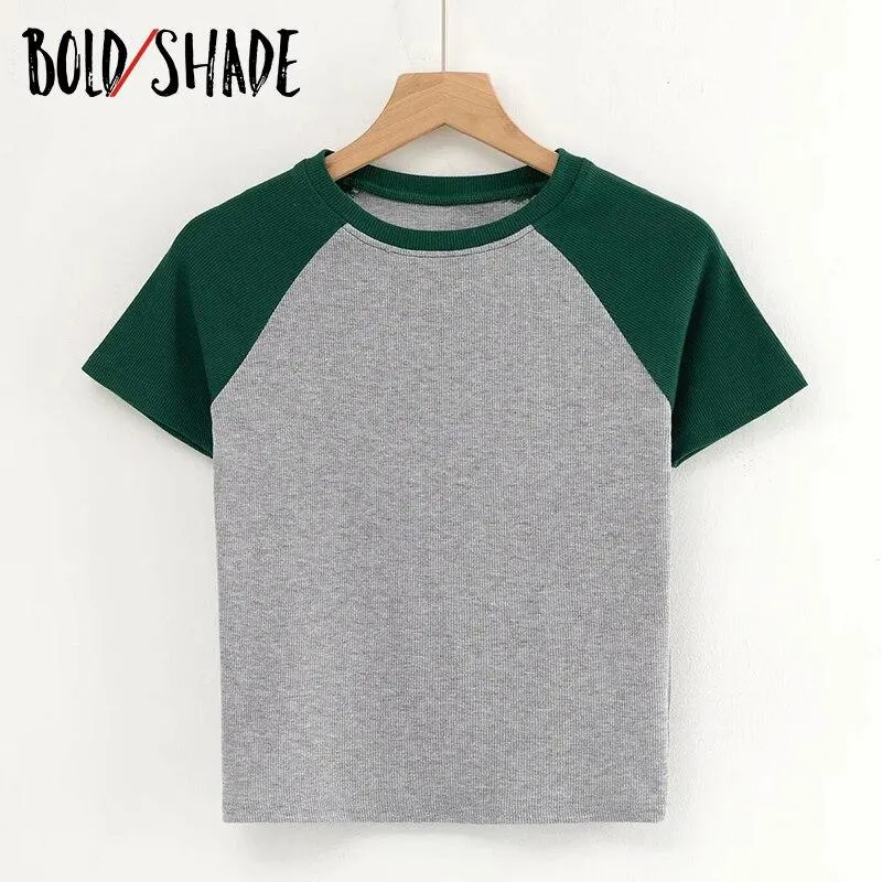 Bold Shade Grunge Street Style Vintage Tees Colorblocking Solid Crop T-shirts Indie Women Skater Fashion Slim Tshirt Basic 2021