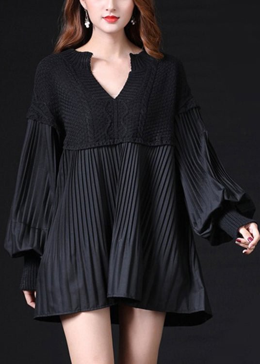 Black Patchwork wrinkled Loose Knitted Tops Long sleeve CK288- Fabulory