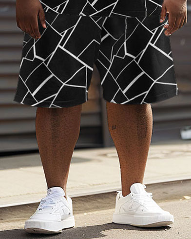 Casual Colorblock Geometric Print Large Size Men's T-shirt Shorts Set Shorts-Black-XL
