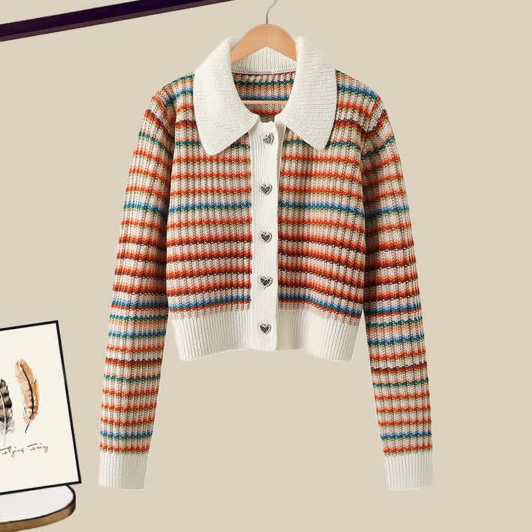 Colorblock Stripe Rainbow Cardigan Sweater Casual Pants Two Pieces Set - Modakawa modakawa