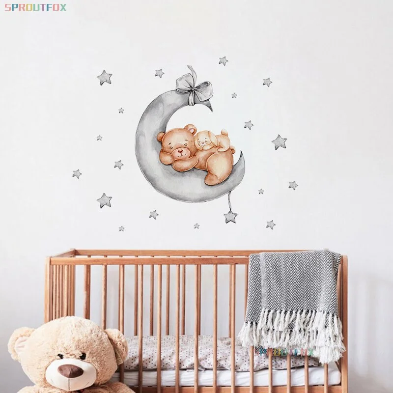 Animal Wall Stickers For Children's Room Wallpaper Bear Moon Decorative Sticker Children Wall Stickers Child For Kids Rooms PVC