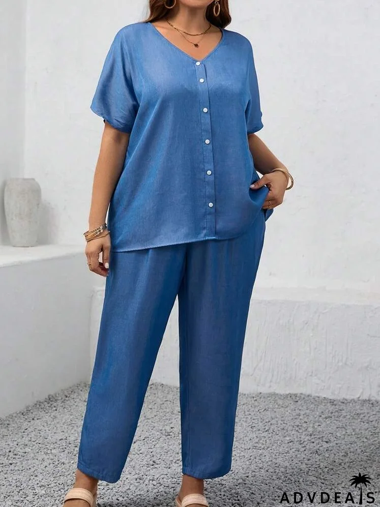 Plus Size Women's Plain & Simple Short Sleeve Top And Long Pants Casual Set