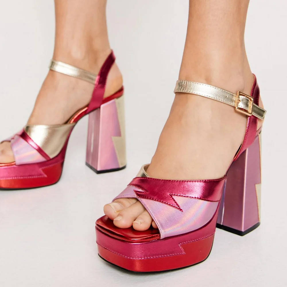 Multicolor Square Toe Ankle Strap Platform Sandals with Chunky Heel Nicepairs