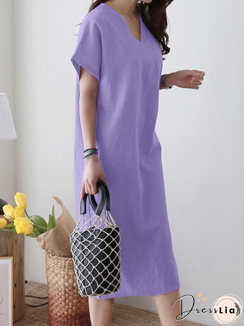 Solid V-neck Short Sleeve Dress For Women