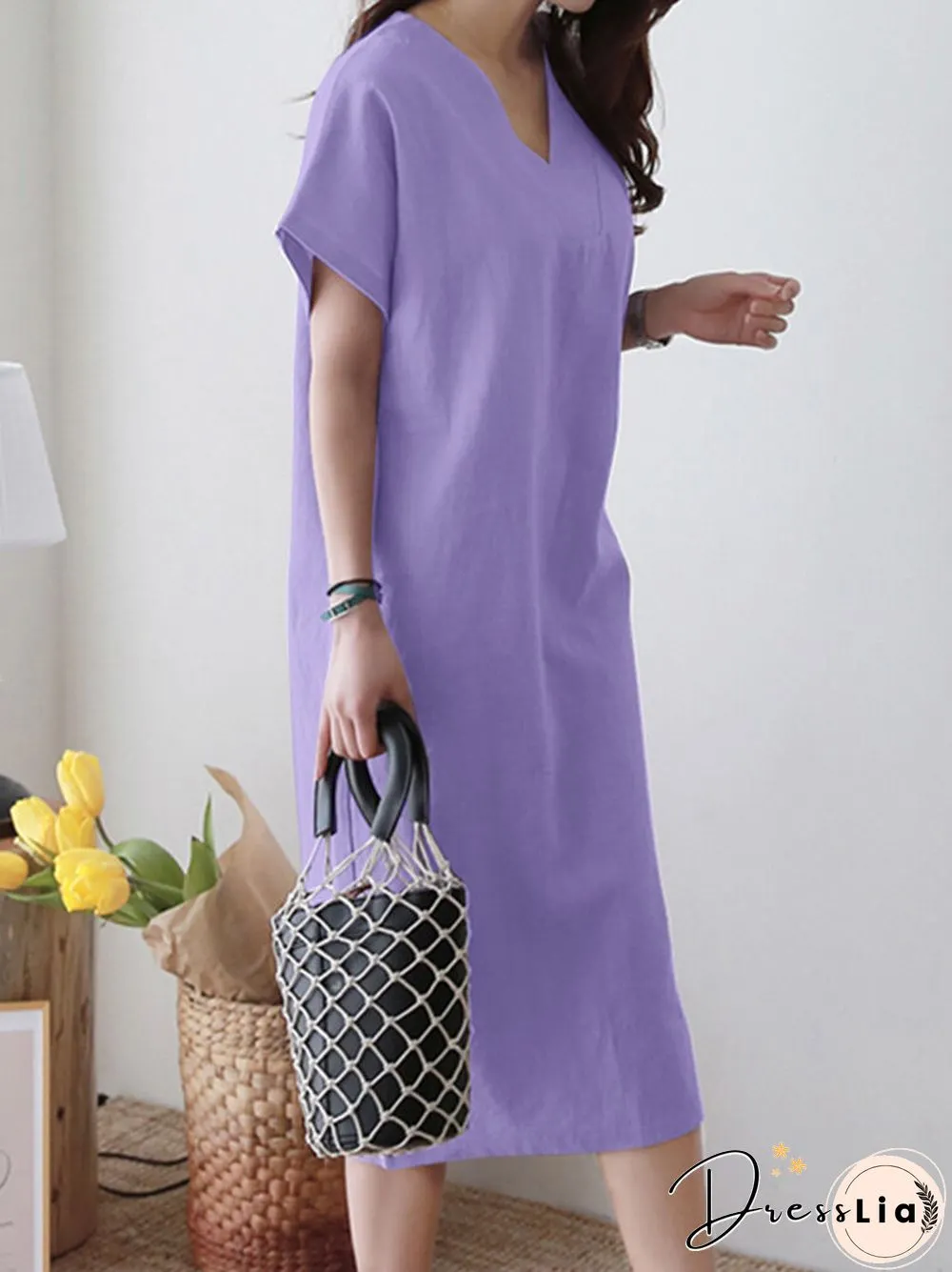 Solid V-neck Short Sleeve Dress For Women