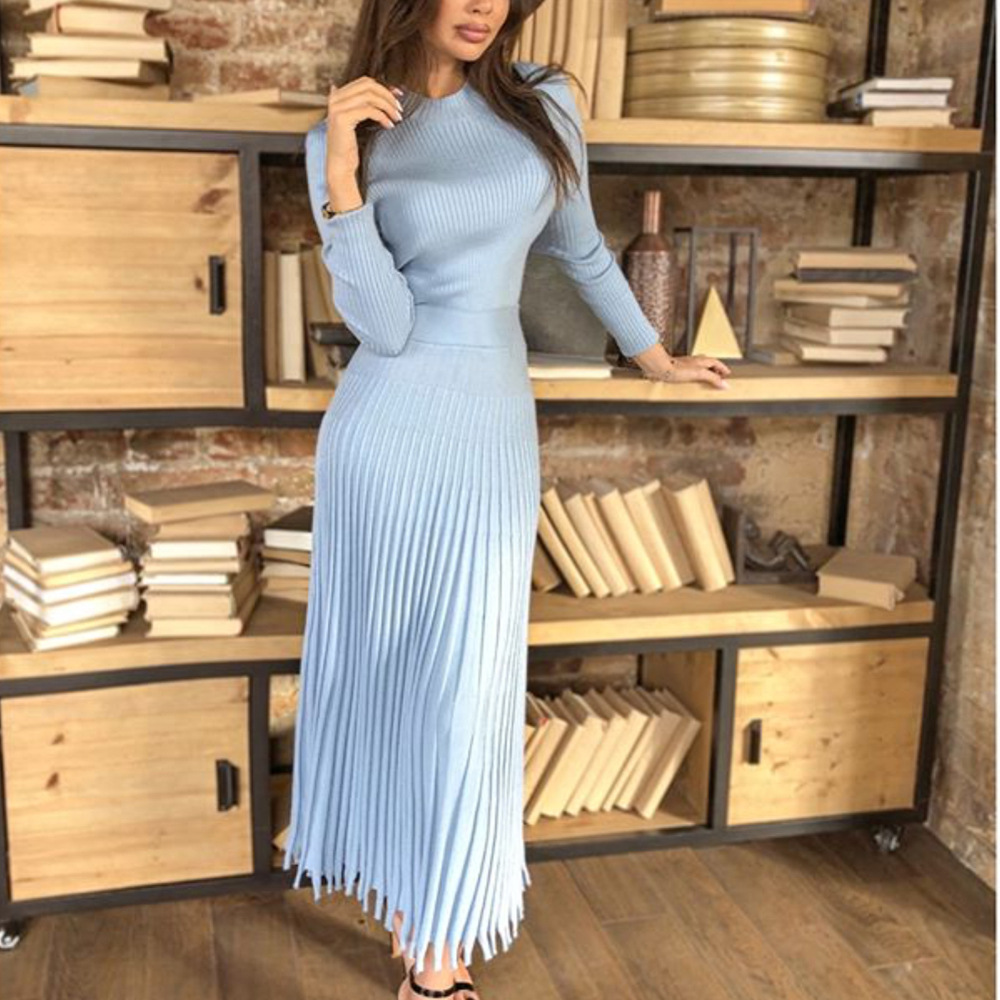 Ootddress Ribbed Pleated Knit Dress Women Loose Fashion Patchwork Long Sleeve Dress High Waist Knitwear Female Autumn Maxi Dress New