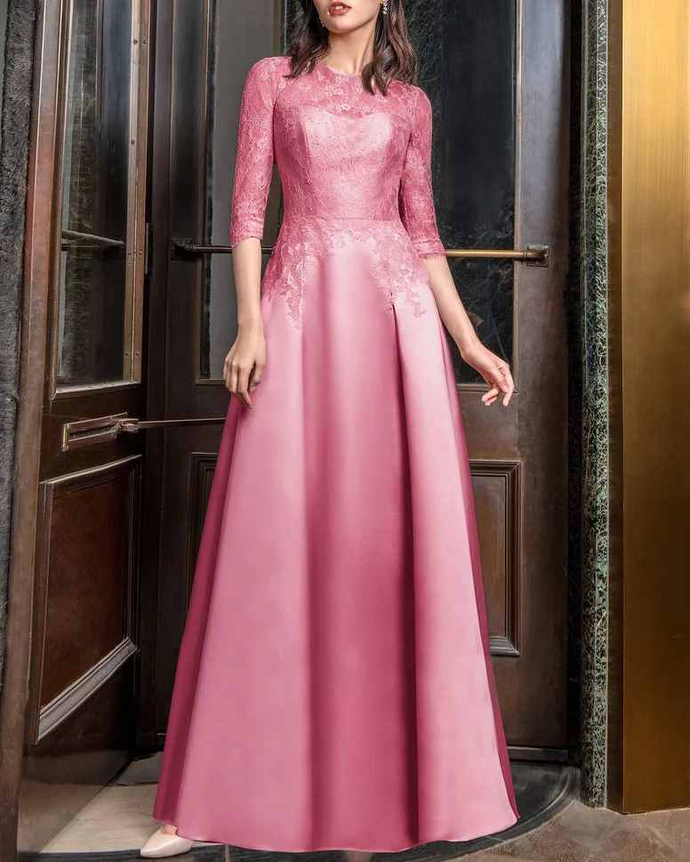 3/4 Sleeves Lace Floor Length Dress