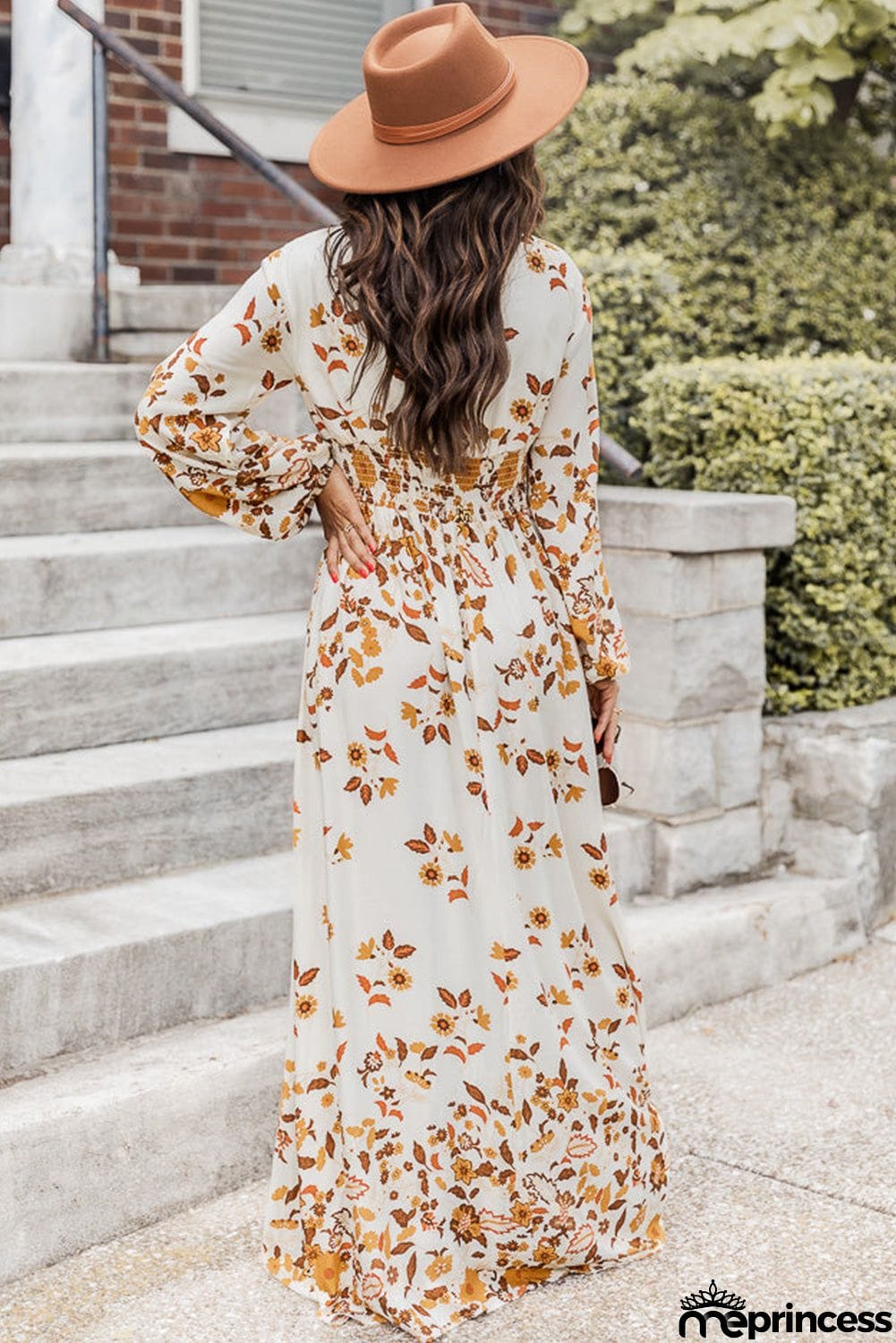 Leaf Print V Neck Puff Sleeve Maxi Dress