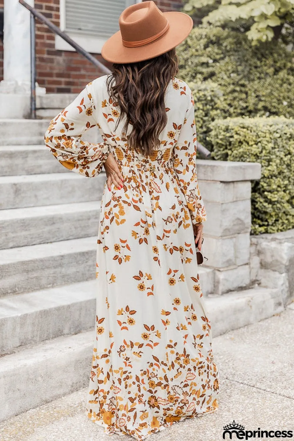 Leaf Print V Neck Puff Sleeve Maxi Dress