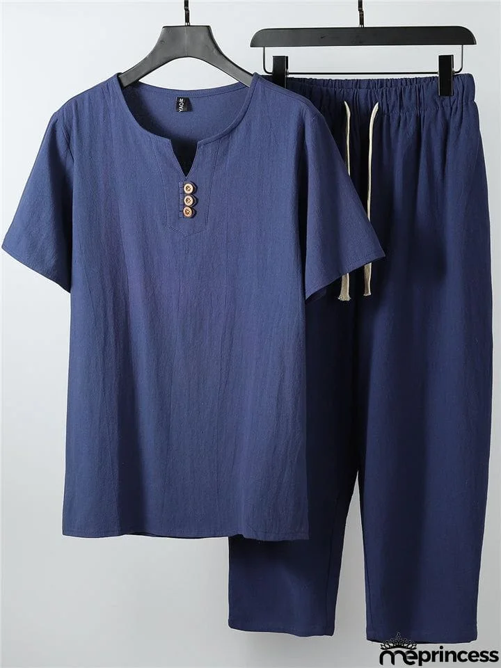 Laid-Back Style Notched Neck Button Detailing Soft Cotton Set T-Shirt + Drawstring Pants