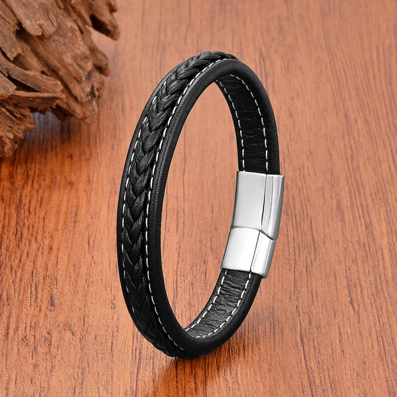 Minimalist Classic Style Commute Solid Color 316L Stainless Steel Leather Rope Unisex Bracelets