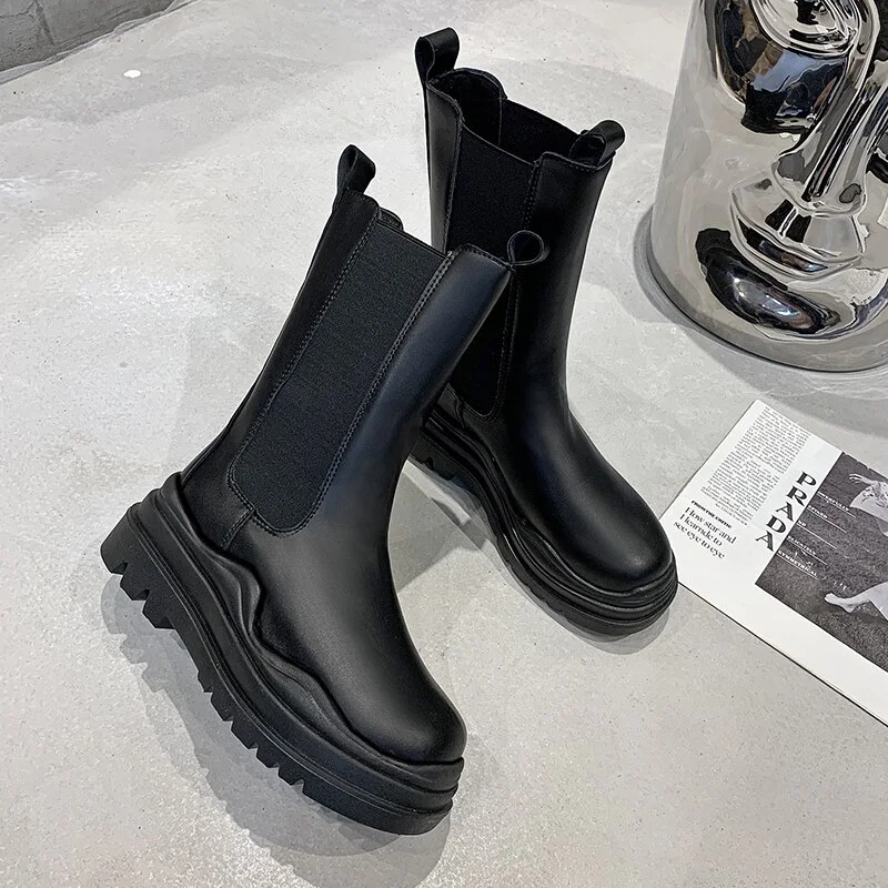 Qengg 2021 Newest Genuine Leather Boots Women Stretch Platform Chelsea Thick Sole Female Shoes Mid Calf Square Toe Botas