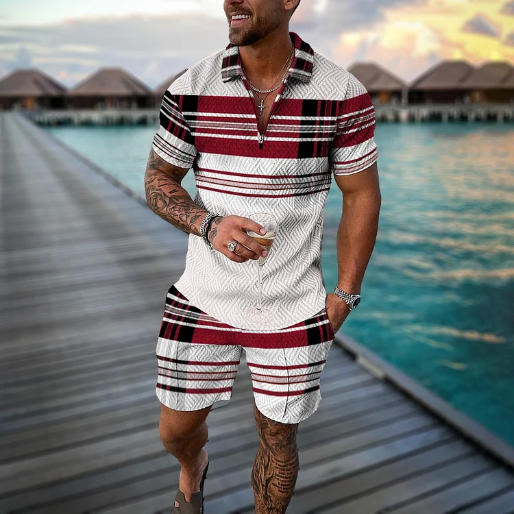 BrosWear Fashion Plaid Color Contrast Polo Shirt And Shorts Co-Ord