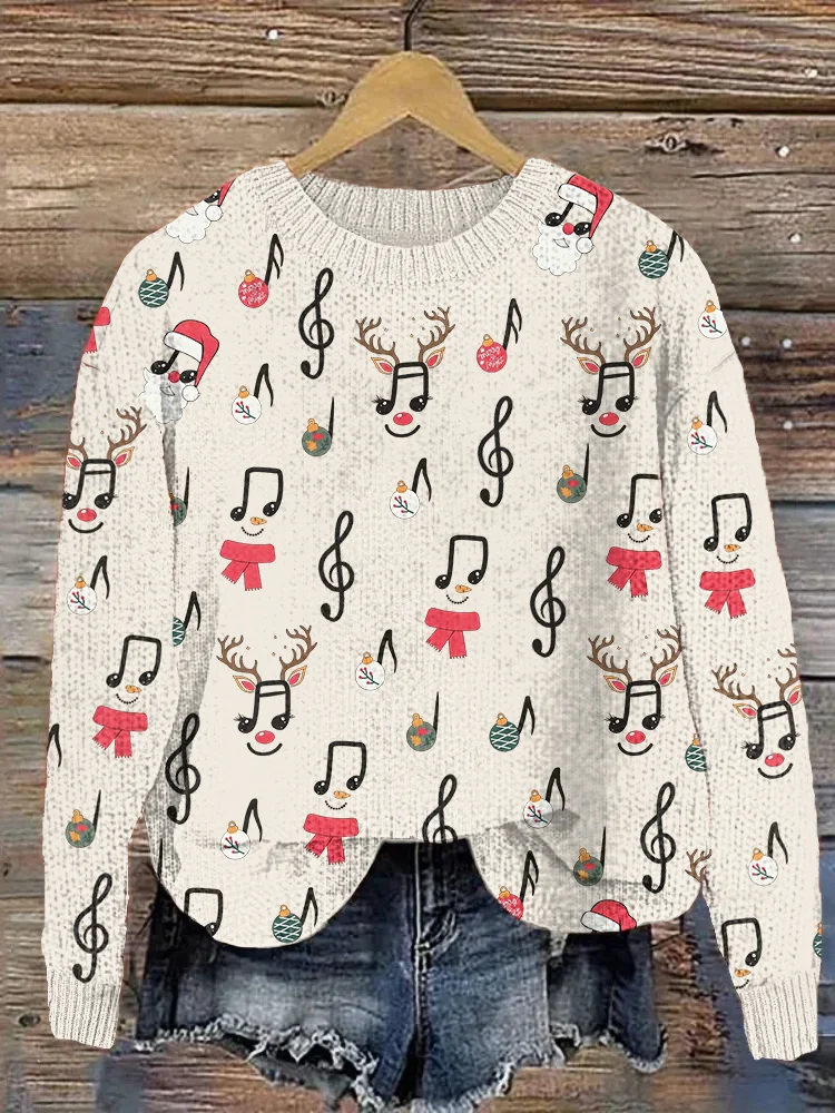 Funny Christmas Musical Note Casual Cozy Knit Sweater