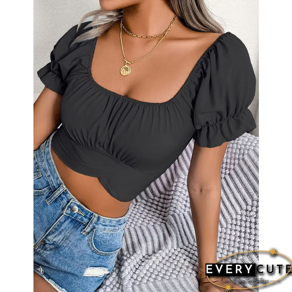 Black Back Lace-up Slim Waist Chiffon Crop Tops