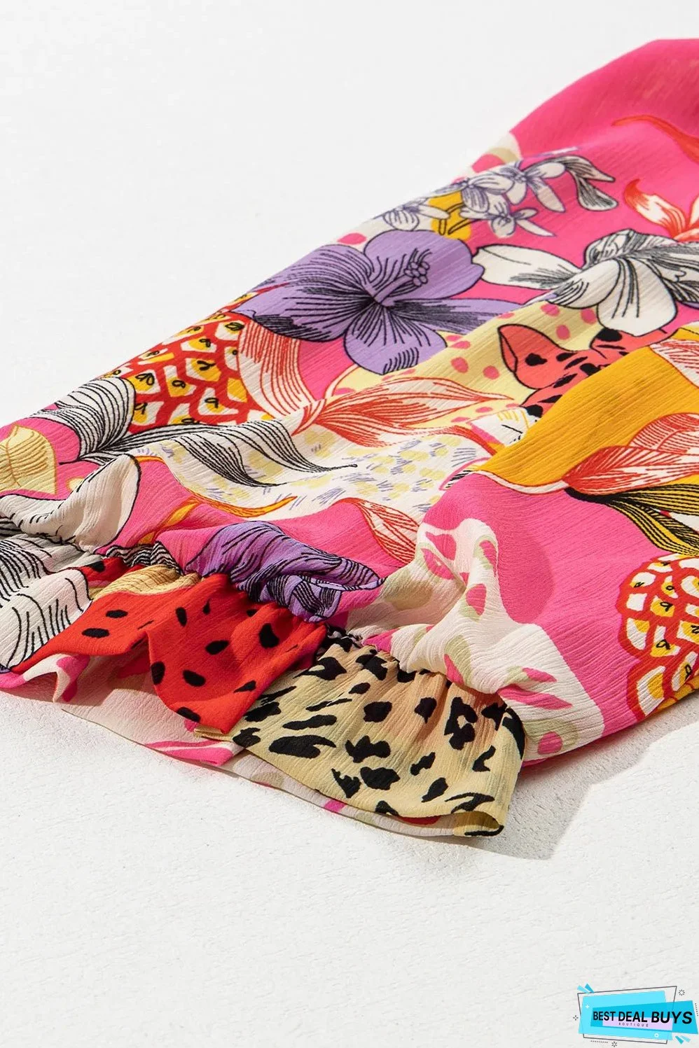 Red Abstract Floral Print Buttoned Ruffled Bubble Sleeve Shirt