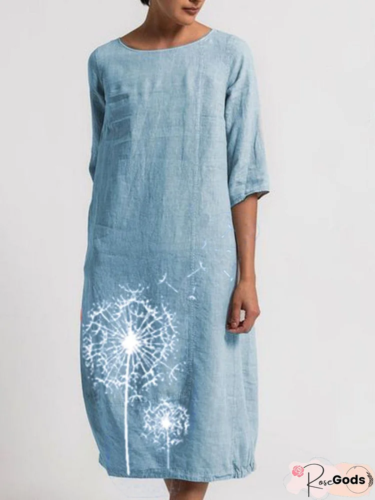 Linen Crew Neck Casual Women Dress