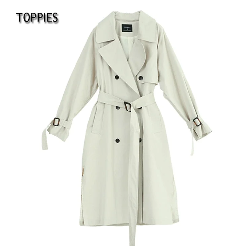 Toppies Long Trench Coat 100% cotton Loose Oversized Women's Trench Coat Double-Breasted Belted Lady Cloak Windbreaker 2021